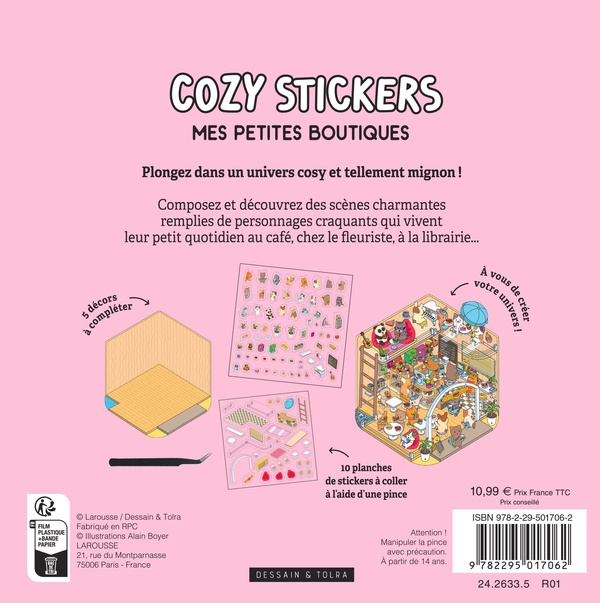 Quatrième de couverture de « COZY STICKERS - MES PETITES BOUTIQUES - 5 SCENES A CREER AVEC 500 MINI STICKERS »