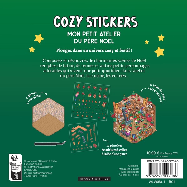 Quatrième de couverture de « COZY STICKERS - MON PETIT ATELIER DU PERE NOEL - 5 SCENES A CREER AVEC 500 MINI STICKERS »
