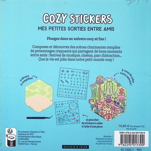 Quatrième de couverture de « COZY STICKERS - MES PETITES SORTIES ENTRE AMIS - 5 SCENES A CREER AVEC 800 MINI STICKERS »