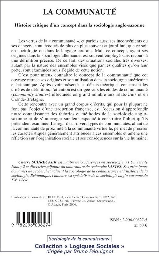 Quatrième de couverture de « LA COMMUNAUTE - HISTOIRE CRITIQUE D'UN CONCEPT DANS LA SOCIOLOGIE ANGLO-SAXONNE »