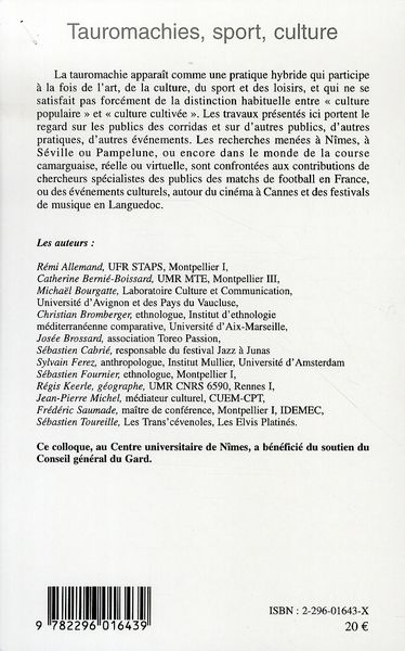 Quatrième de couverture de « TAUROMACHIES, SPORT, CULTURE »
