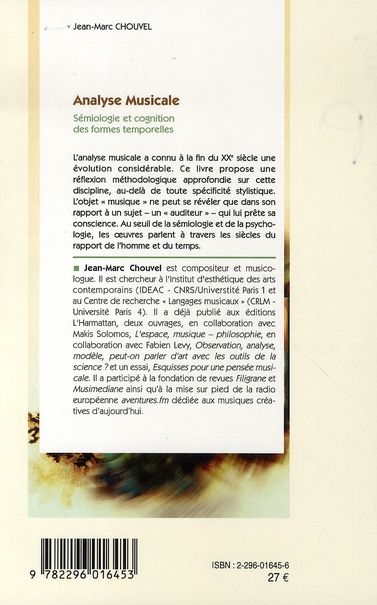 Quatrième de couverture de « ANALYSE MUSICALE - SEMIOLOGIE ET COGNITION DES FORMES TEMPORELLES »