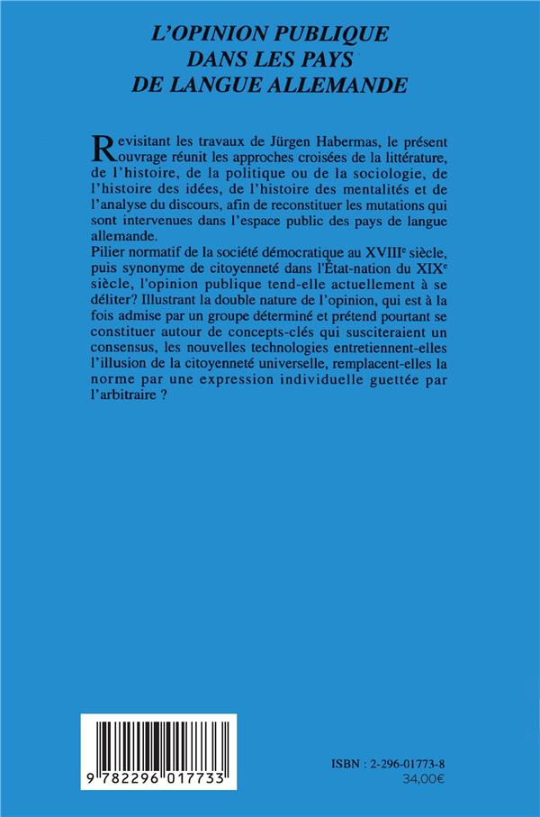 Quatrième de couverture de « L'OPINION PUBLIQUE DANS LES PAYS DE LANGUE ALLEMANDE »