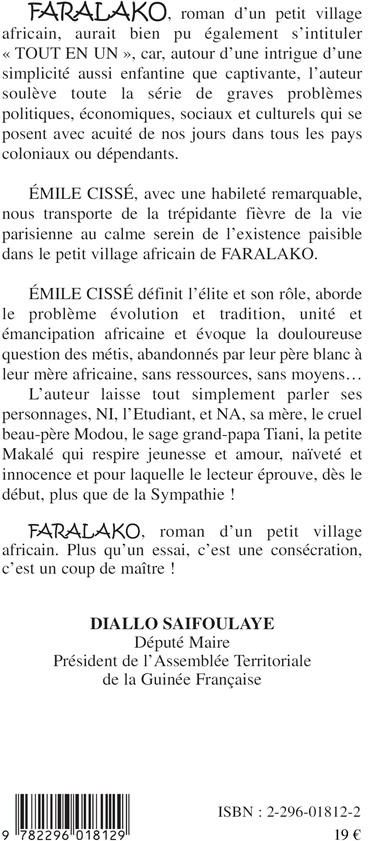 Quatrième de couverture de « FARALAKO - ROMAN D'UN PETIT VILLAGE AFRICAIN »