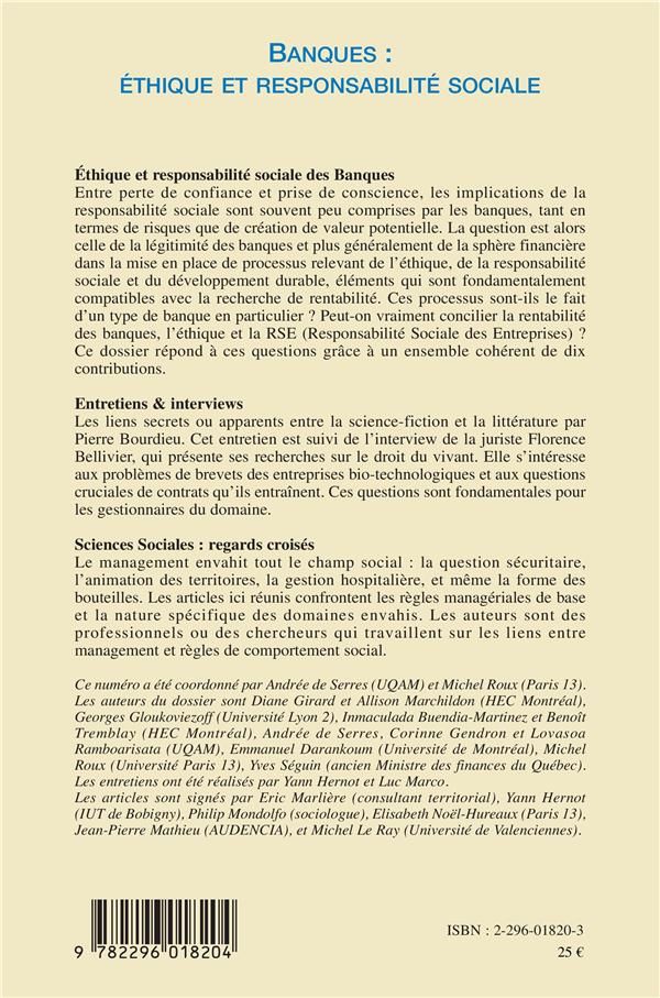 Quatrième de couverture de « BANQUES : ETHIQUE ET RESPONSABILITE SOCIALE - VOL02 - PIERRE BOURDIEU ET LA SCIENCE-FICTION - DROIT »