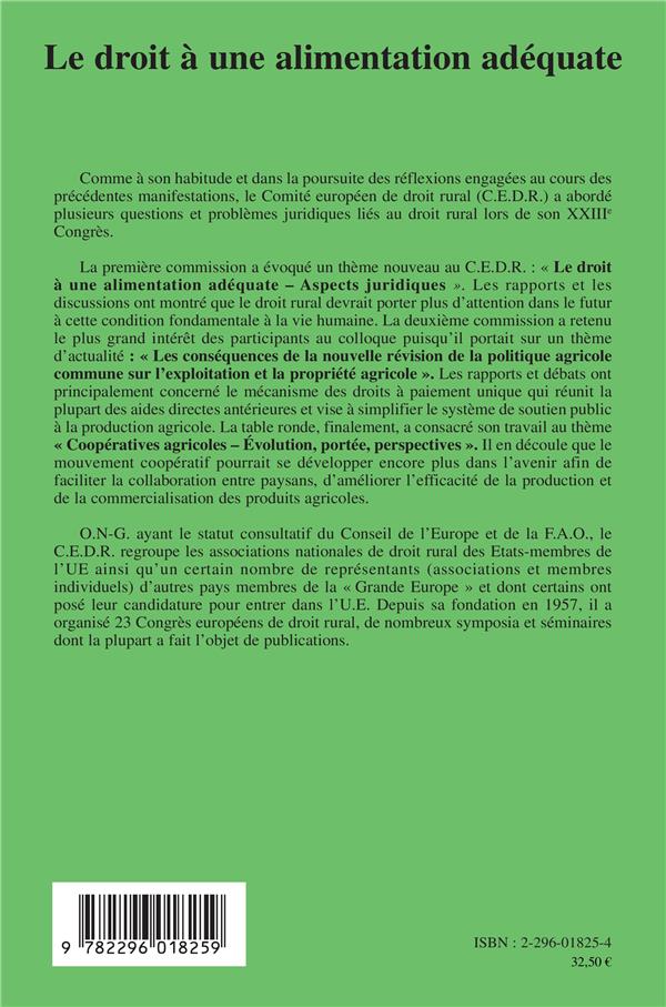 Quatrième de couverture de « LE DROIT A UNE ALIMENTATION ADEQUATE - BILAN DE LA PAC - COOPERATIVES AGRICOLES »