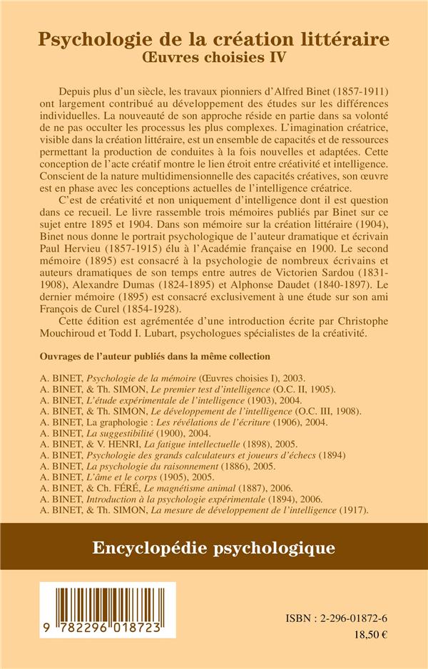 Quatrième de couverture de « PSYCHOLOGIE DE LA CREATION LITTERAIRE - OEUVRES CHOISIES IV »
