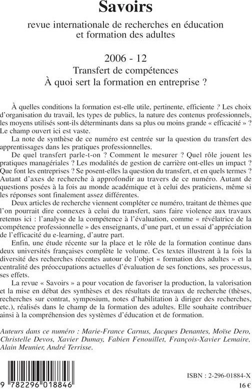 Quatrième de couverture de « TRANSFERT DE COMPETENCES - VOL12 - A QUOI SERT LA FORMATION EN ENTREPRISE ? »