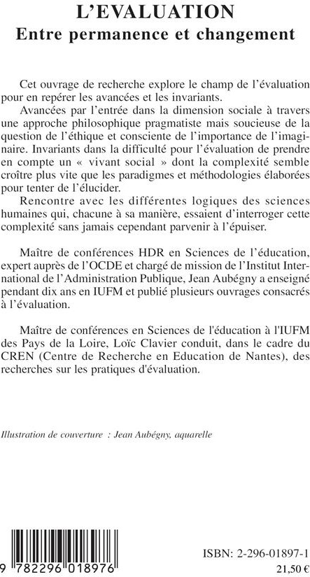 Quatrième de couverture de « L'EVALUATION - ENTRE PERMANENCE ET CHANGEMENT »