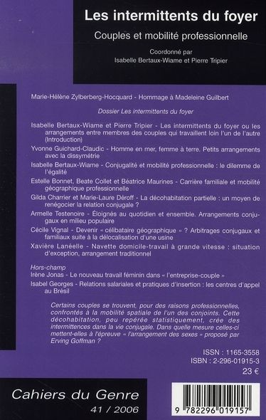 Quatrième de couverture de « LES INTERMITTENTS DU FOYER - VOL41 - COUPLES ET MOBILITE PROFESSIONNELLE »