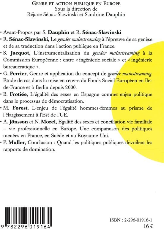 Quatrième de couverture de « GENRE ET ACTION PUBLIQUE EN EUROPE - VOL20 »