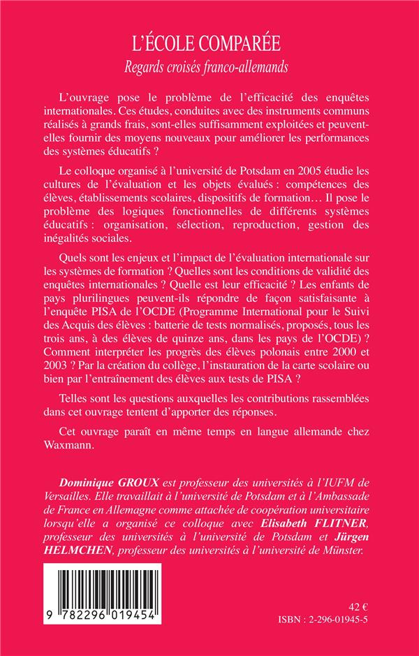 Quatrième de couverture de « L'ECOLE COMPAREE - REGARDS CROISES FRANCO-ALLEMANDS »