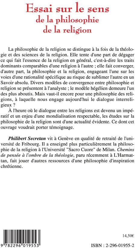 Quatrième de couverture de « ESSAI SUR LE SENS DE LA PHILOSOPHIE DE LA RELIGION »