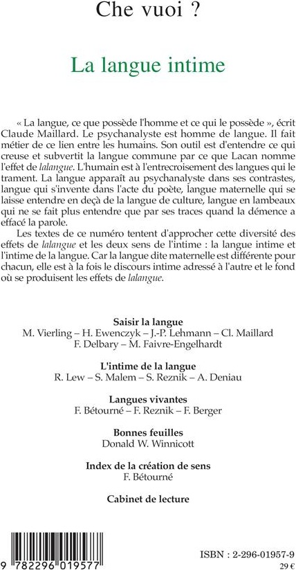 Quatrième de couverture de « LA LANGUE INTIME - VOL26 »