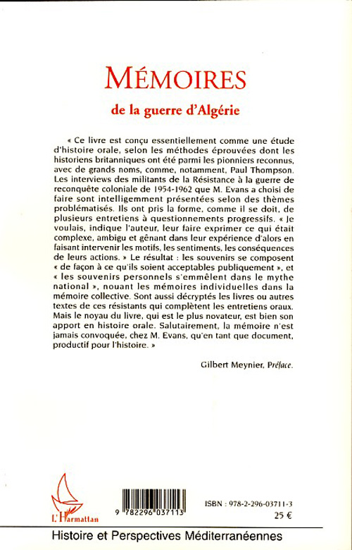Quatrième de couverture de « MEMOIRES DE LA GUERRE D'ALGERIE »