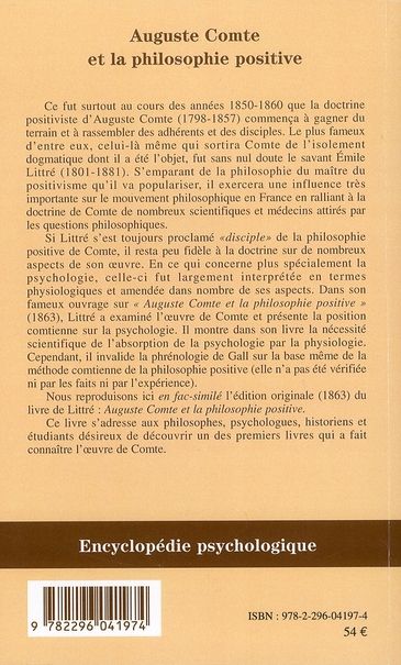 Quatrième de couverture de « AUGUSTE COMTE ET LA PHILOSOPHIE POSITIVE »