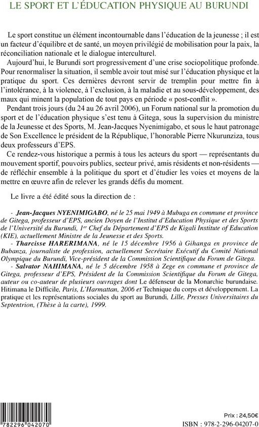 Quatrième de couverture de « LE SPORT ET L'EDUCATION PHYSIQUE AU BURUNDI »