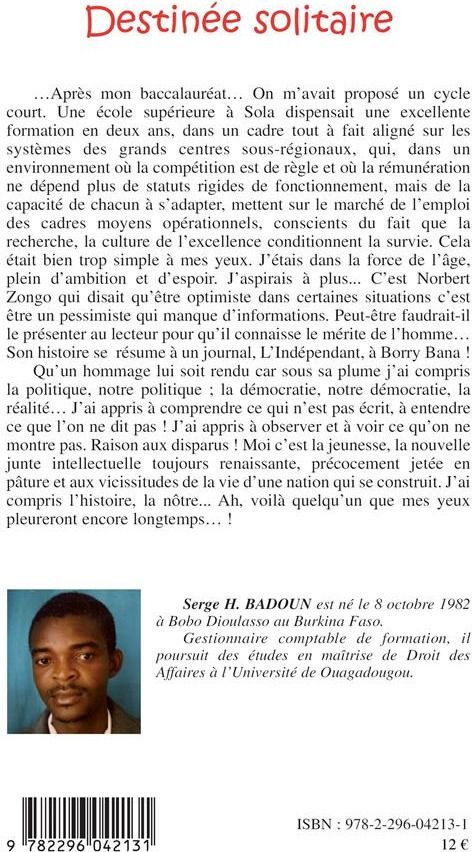 Quatrième de couverture de « DESTINEE SOLITAIRE »