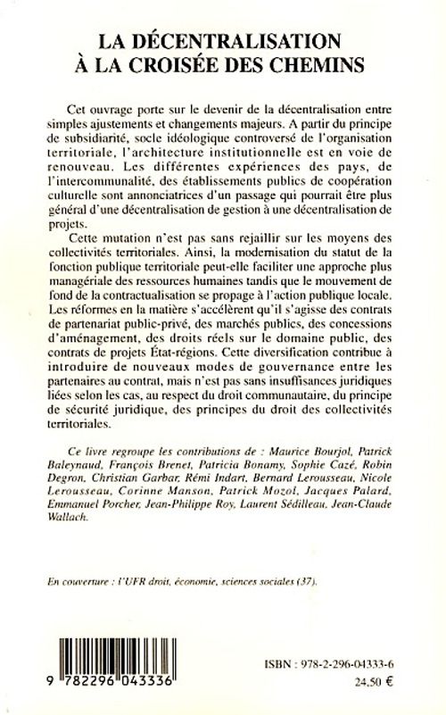Quatrième de couverture de « LA DECENTRALISATION A LA CROISEE DES CHEMINS »