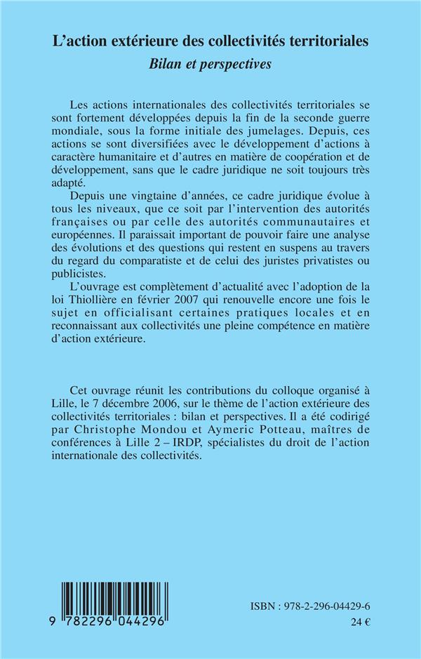 Quatrième de couverture de « L'ACTION EXTERIEURE DES COLLECTIVITES TERRITORIALES - BILAN ET PERSPECTIVES »