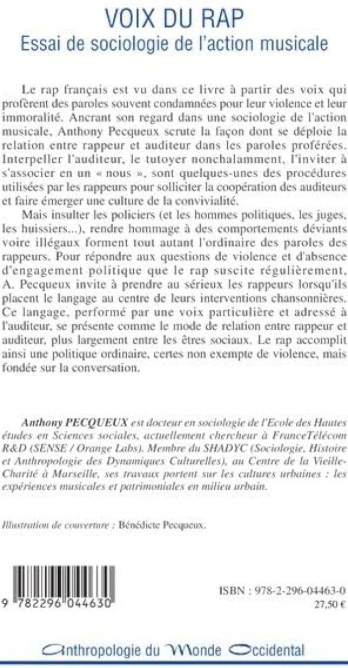 Couverture du livre « VOIX DU RAP - ESSAI DE SOCIOLOGIE DE L'ACTION MUSICALE » de Anthony Pecqueux, librairie Les Contes Infusés à Corte