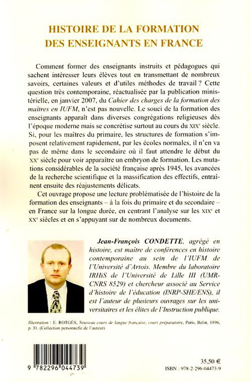 Quatrième de couverture de « HISTOIRE DE LA FORMATION DES ENSEIGNANTS EN FRANCE »