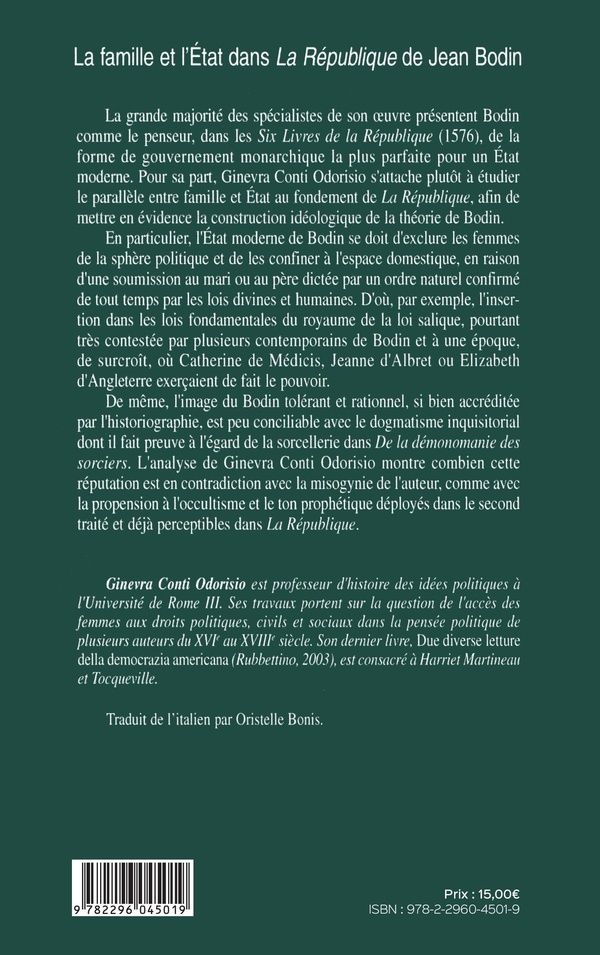 Quatrième de couverture de « LA FAMILLE ET L'ETAT DANS LA REPUBLIQUE DE JEAN BODIN »
