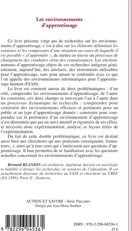 Quatrième de couverture de « LES ENVIRONNEMENTS D'APPRENTISSAGE »