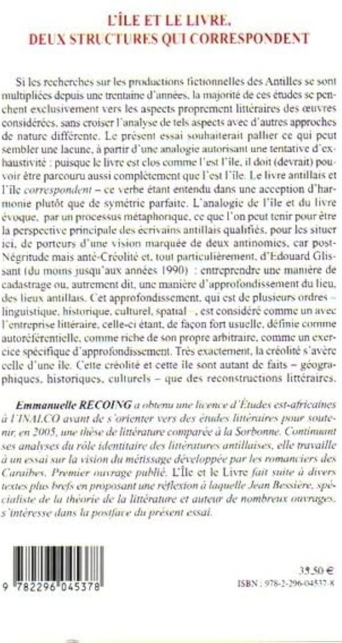 Couverture du livre « L'ILE ET LE LIVRE, DEUX STRUCTURES QUI CORRESPONDENT - ESSAI SUR LA REPRESENTATION DE L'ESPACE DANS » de Emmanuelle Recoing, librairie Les Contes Infusés à Corte