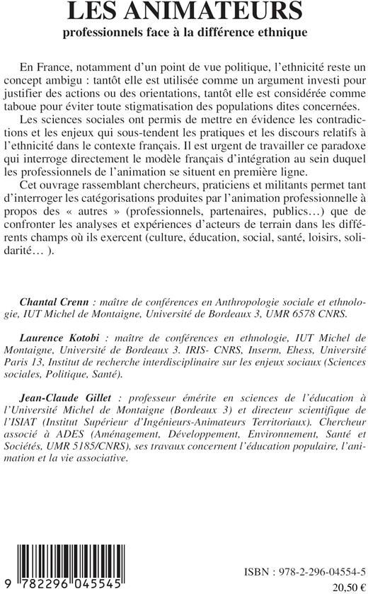 Quatrième de couverture de « LES ANIMATEURS PROFESSIONNELS FACE A LA DIFFERENCE ETHNIQUE »