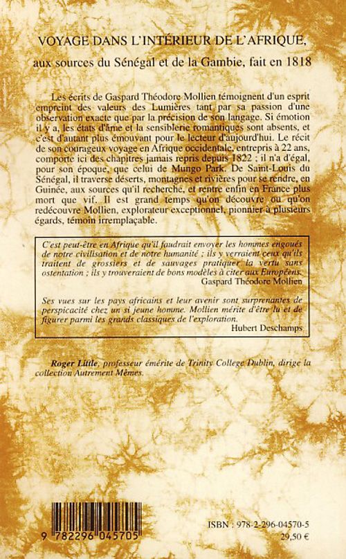 Quatrième de couverture de « VOYAGE DANS L'INTERIEUR DE L'AFRIQUE, - AUX SOURCES DU SENEGAL ET DE LA GAMBIE, FAIT EN 1818 »