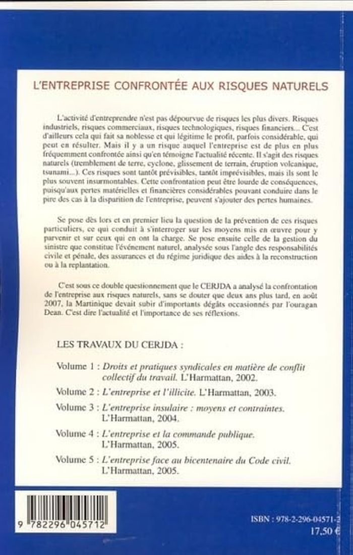 Couverture du livre « L'ENTREPRISE CONFRONTEE AUX RISQUES NATURELS - TRAVAUX DU CERJDA - VOLUME 6 » de Georges Virassamy, librairie Les Contes Infusés à Corte