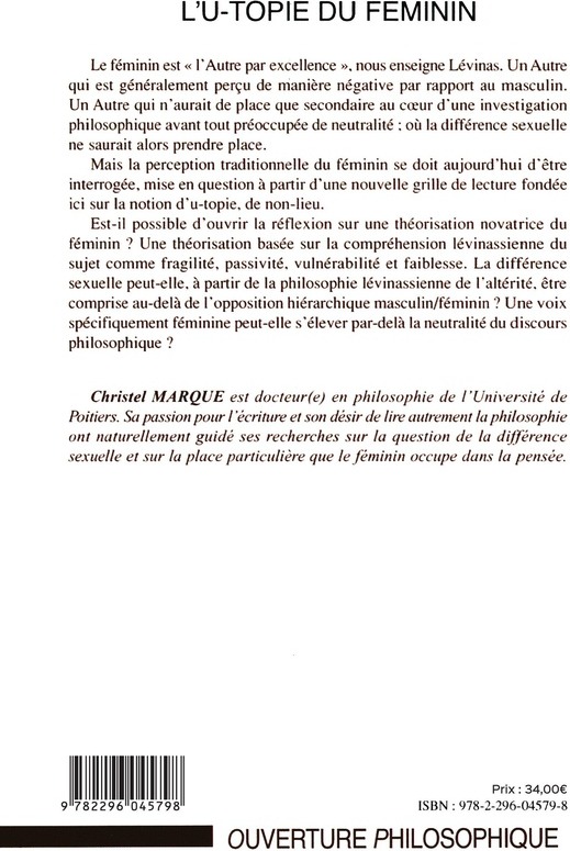 Quatrième de couverture de « L'U-TOPIE DU FEMININ - UNE LECTURE FEMINISTE D'EMMANUEL LEVINAS »