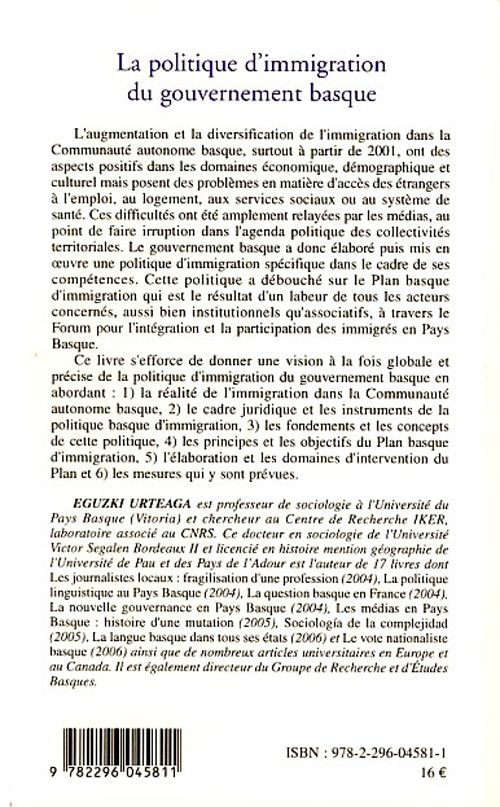 Quatrième de couverture de « LA POLITIQUE D'IMMIGRATION DU GOUVERNEMENT BASQUE »