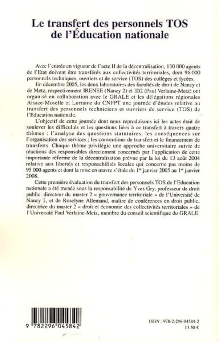 Couverture du livre « TRANSFERT DES PERSONNELS TOS DE L'EDUCATION NATIONALE », librairie Les Contes Infusés à Corte