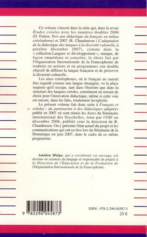 Quatrième de couverture de « LE FRANCAIS DANS LES AIRES CREOLOPHONES - VERS UNE DIDACTIQUE ADAPTEE »