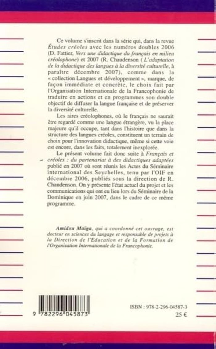 Couverture du livre « LE FRANCAIS DANS LES AIRES CREOLOPHONES - VERS UNE DIDACTIQUE ADAPTEE » de Amidou Maiga, librairie Les Contes Infusés à Corte