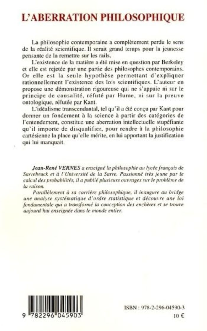 Couverture du livre « L'ABERRATION PHILOSOPHIQUE - L'ILLUSION TRAGIQUE DU KANTISME » de Jean-Rene Vernes, librairie Les Contes Infusés à Corte