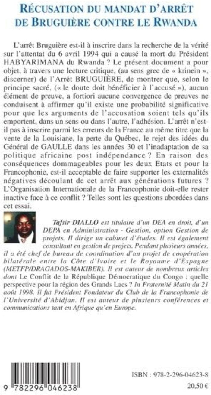 Couverture du livre « RECUSATION DU MANDAT D'ARRET DE BRUGUIERE CONTRE LE RWANDA » de Tafsir Diallo, librairie Les Contes Infusés à Corte