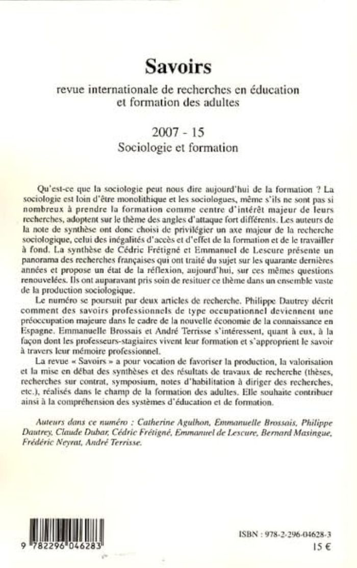 Couverture du livre « SOCIOLOGIE ET FORMATION - VOL15 » de Xxx, librairie Les Contes Infusés à Corte