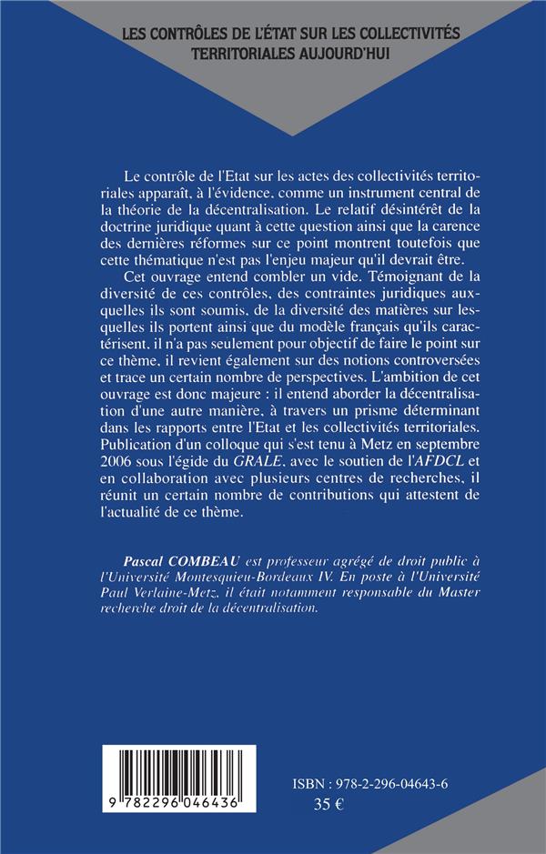 Quatrième de couverture de « LES CONTROLES DE L'ETAT SUR LES COLLECTIVITES TERRITORIALES AUJOURD'HUI »
