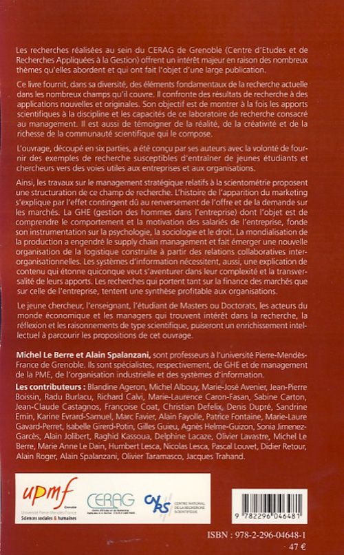 Quatrième de couverture de « REGARDS SUR LA RECHERCHE EN GESTION - CONTRIBUTIONS GRENOBLOISES »