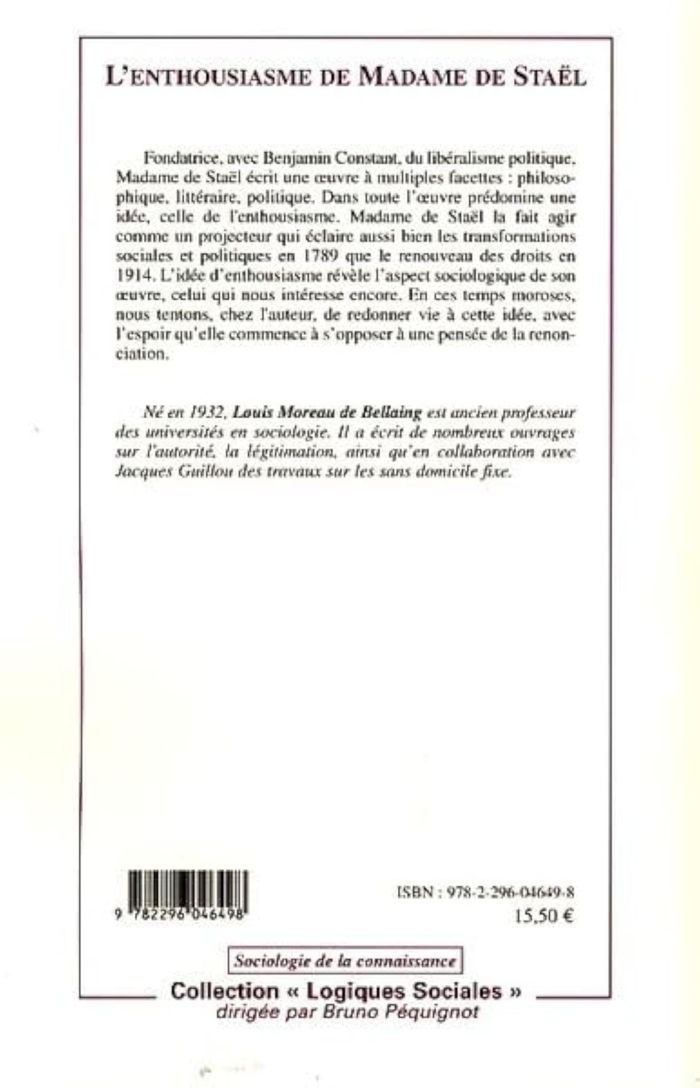 Couverture du livre « L'ENTHOUSIASME DE MADAME DE STAEL » de Moreau De Bellaing L, librairie Les Contes Infusés à Corte