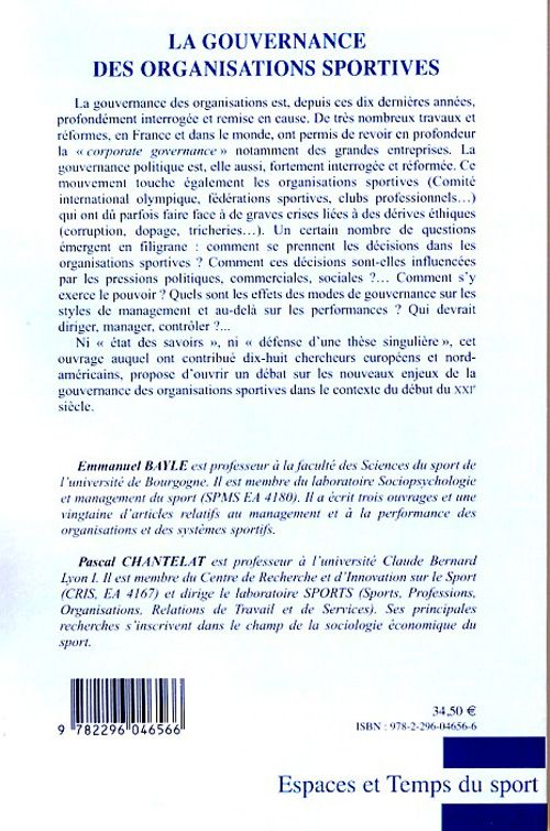 Quatrième de couverture de « LA GOUVERNANCE DES ORGANISATIONS SPORTIVES »