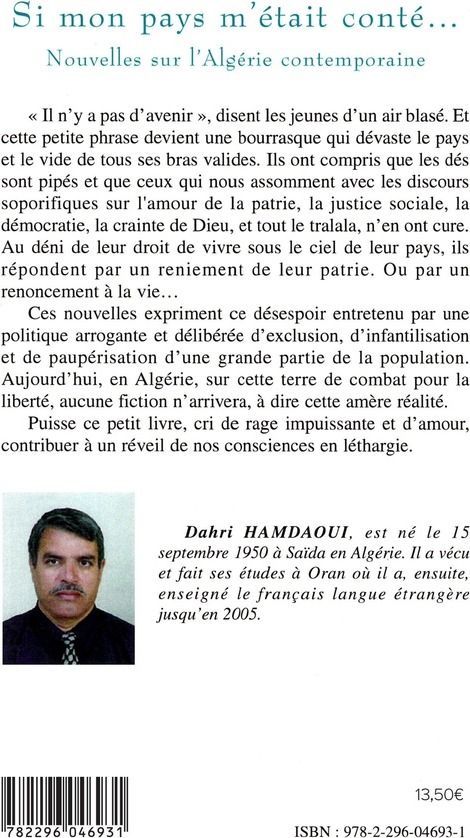 Quatrième de couverture de « SI MON PAYS M'ETAIT CONTE... - NOUVELLES SUR L'ALGERIE CONTEMPORAINE »
