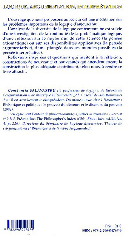 Quatrième de couverture de « LOGIQUE, ARGUMENTATION, INTERPRETATION »