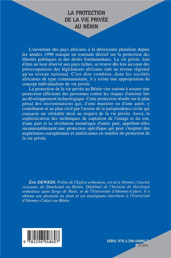 Quatrième de couverture de « LA PROTECTION DE LA VIE PRIVEE AU BENIN »