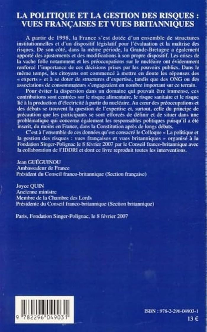 Couverture du livre « LA POLITIQUE ET LA GESTION DES RISQUES - VUES FRANCAISES ET VUES BRITANNIQUES », librairie Les Contes Infusés à Corte