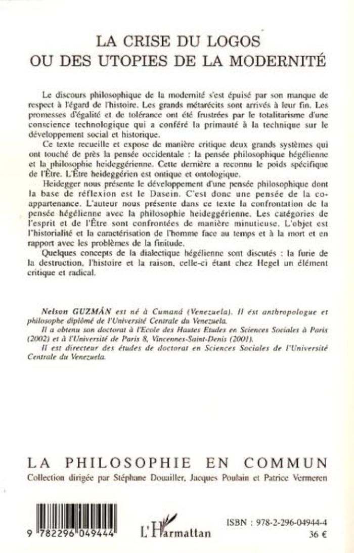 Couverture du livre « LA CRISE DU LOGOS OU DES UTOPIES DE LA MODERNITE » de Nelson Guzman, librairie Les Contes Infusés à Corte