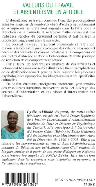 Quatrième de couverture de « VALEURS DU TRAVAIL ET ABSENTEISME EN AFRIQUE - REVUE DE LA QUESTION ET PERSPECTIVES AFRICAINES »